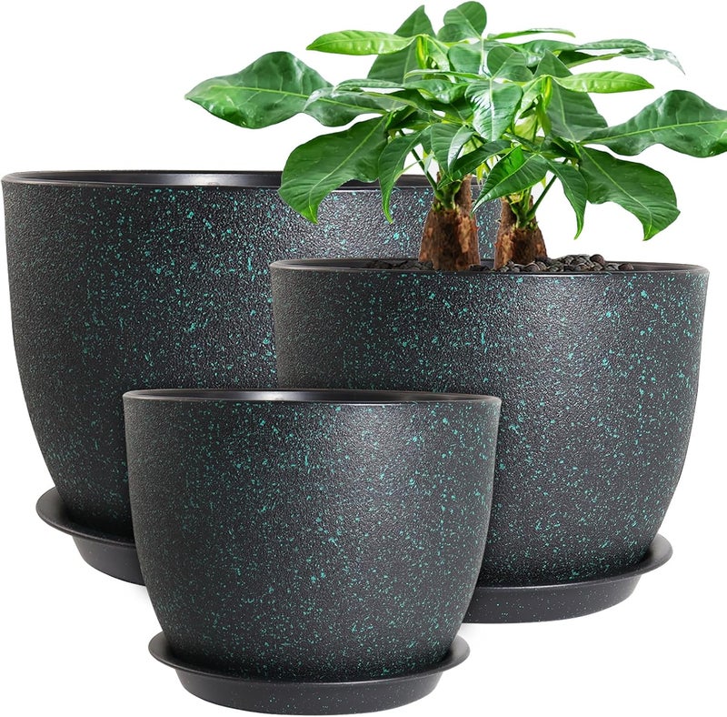 UOUZ 12/10/9 Large Modern Plant Pots, Plastic Planters with Drainage Holes and Saucers for Indoor Outdoor Plants Flowers, Black with Green Speckles - Image 1