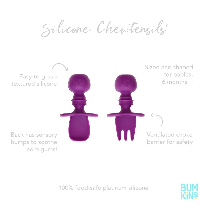 Bumkins Baby Utensils Set, Chewtensils Silicone Spoons for Dipping, Self-Feeding, Baby Led Weaning, Trainer Learning, First Stage Eating, Soft Practice Fork and Spoon, Babies 6 Months, Purple - Image 5