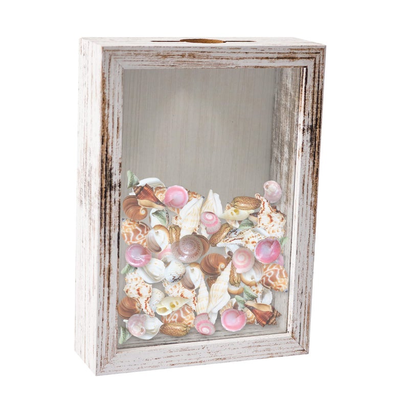 GraduationMall 5x7 Top Loading Shadow Box Frame with HD Glass Wood Display Case with Slot 1.25 inches Interior Depth Ideal for Wine Bottle Caps Tickets Shells Stamps and More White - Image 1