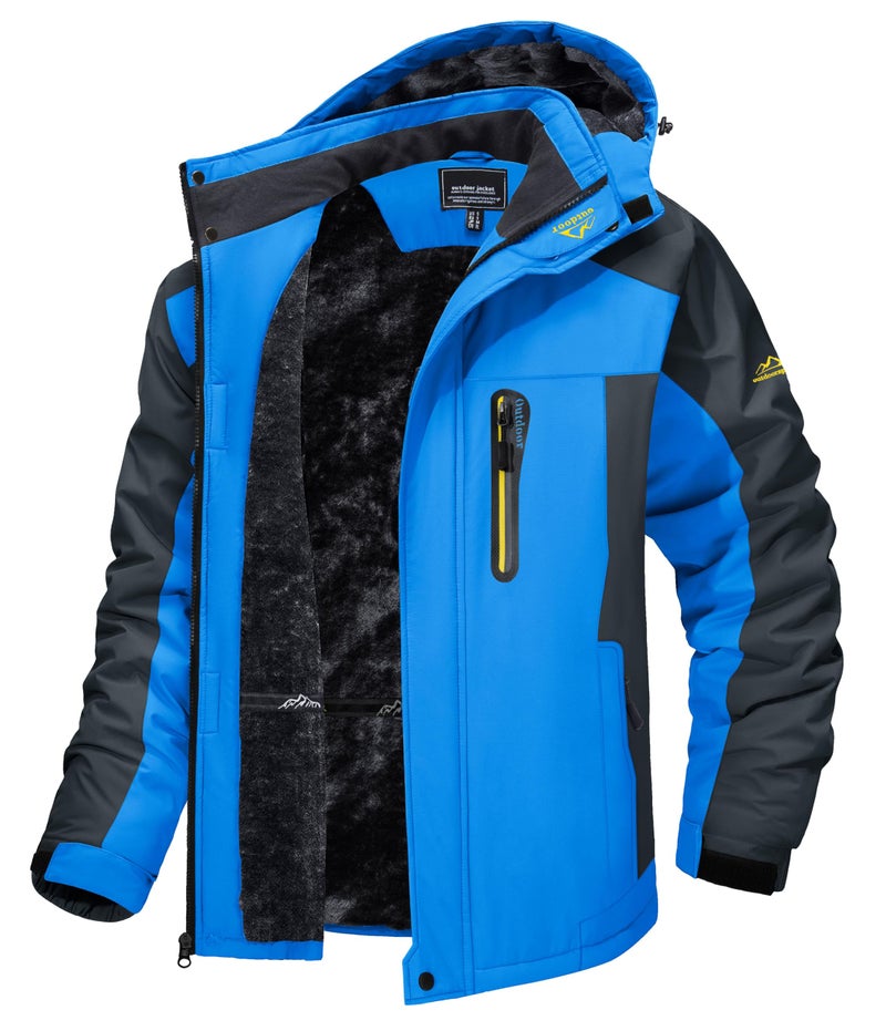 TACVASEN Men's Winter Ski Jacket Waterproof Snow Coats Snowboard Fleece Lining Jacket Warm Parka with Hooded Blue XL
