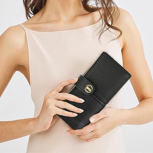 CONTACTS Full Grain Leather Turnlock Wallet for Women Double Zipper Clutch Purse Compatible with AirTag Phone Organizer Rfid Wallets with 18 Card Slots Black - Image 3