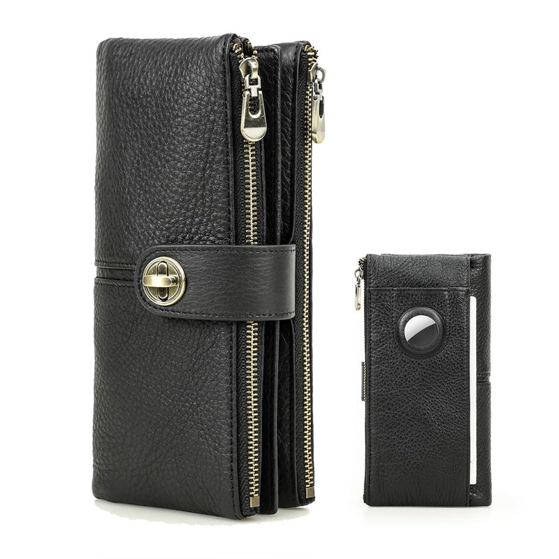 CONTACTS Full Grain Leather Turnlock Wallet for Women Double Zipper Clutch Purse Compatible with AirTag Phone Organizer Rfid Wallets with 18 Card Slots Black - Image 2