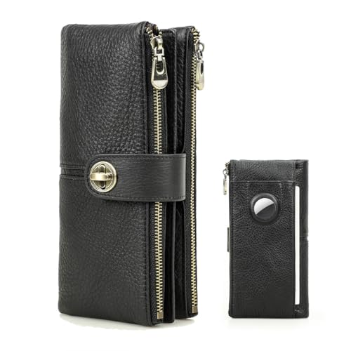 CONTACTS Full Grain Leather Turnlock Wallet for Women Double Zipper Clutch Purse Compatible with AirTag Phone Organizer Rfid Wallets with 18 Card Slots Black - Image 1