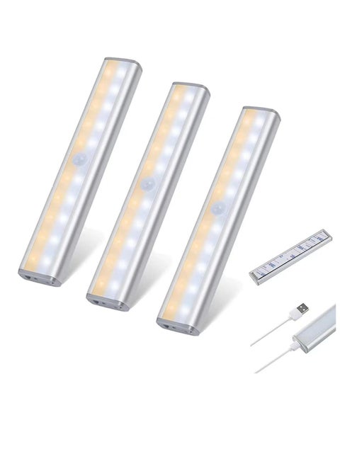 3 PCS  LED Cabinet Lights Motion Sensor Strip 3 Colour Dimmable Suitable for Reading Closets Cabinets Bedside and Study Lighting