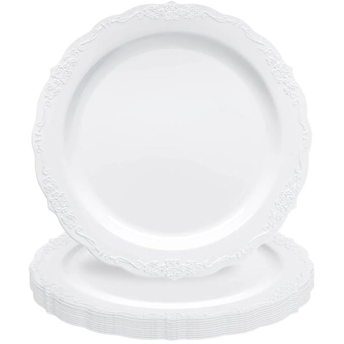 WHITE VINTAGE ROUND DISPOSABLE DINNER PLATES 10 PACKS OF 10 STYLISH DESIGN PERFECT FOR ANY OCCASION