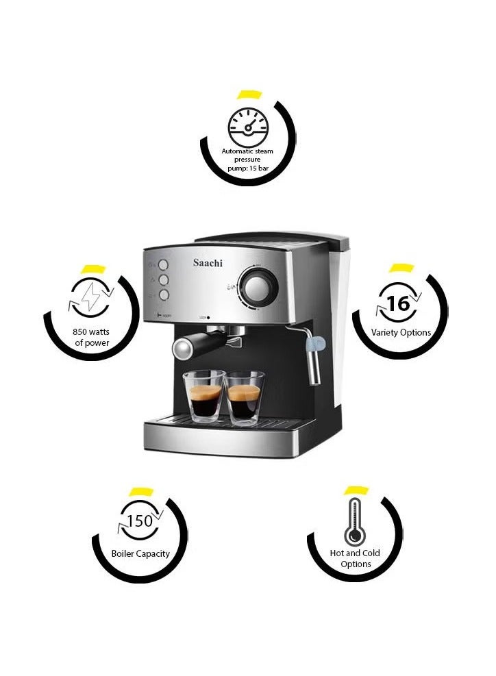 All-In-One Coffee Maker to make Espresso, Cappuccino and Latte with 15 Bar Steam Pressure Pump, Svivel Steam Jet to Froth Milk and Keep Warm Tray 150 ml 850 W NL-COF-7055 Black/Silver  - Image 2