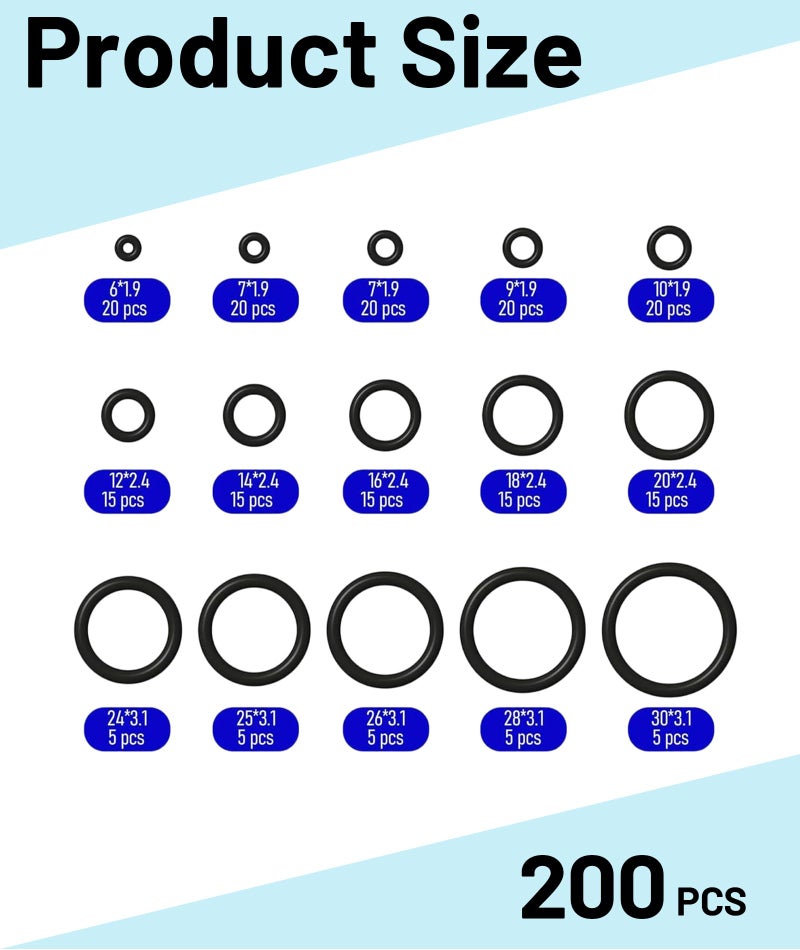 Korvika 200 Pcs O Ring, O Ring For Pressure Washer Gun, Rubber Washer Ring Set For Various Sizes, Durable O Rings For Maintenance - Image 2