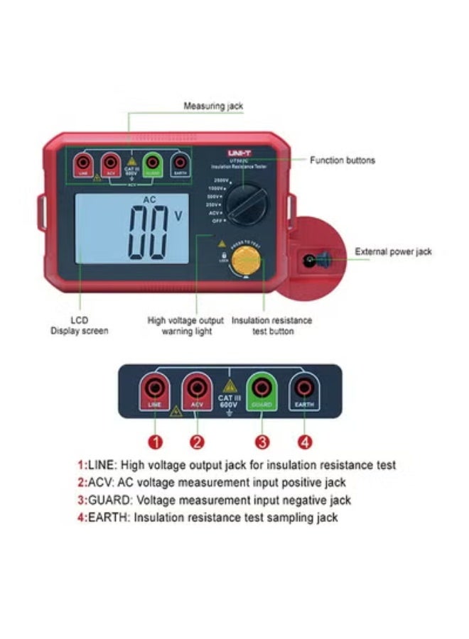 UNI-T 2500V Insulation Resistance Tester Earth Ground Resistance Voltage Tester Auto Rang Megohmmeter Backlight (UT502C) - Image 2