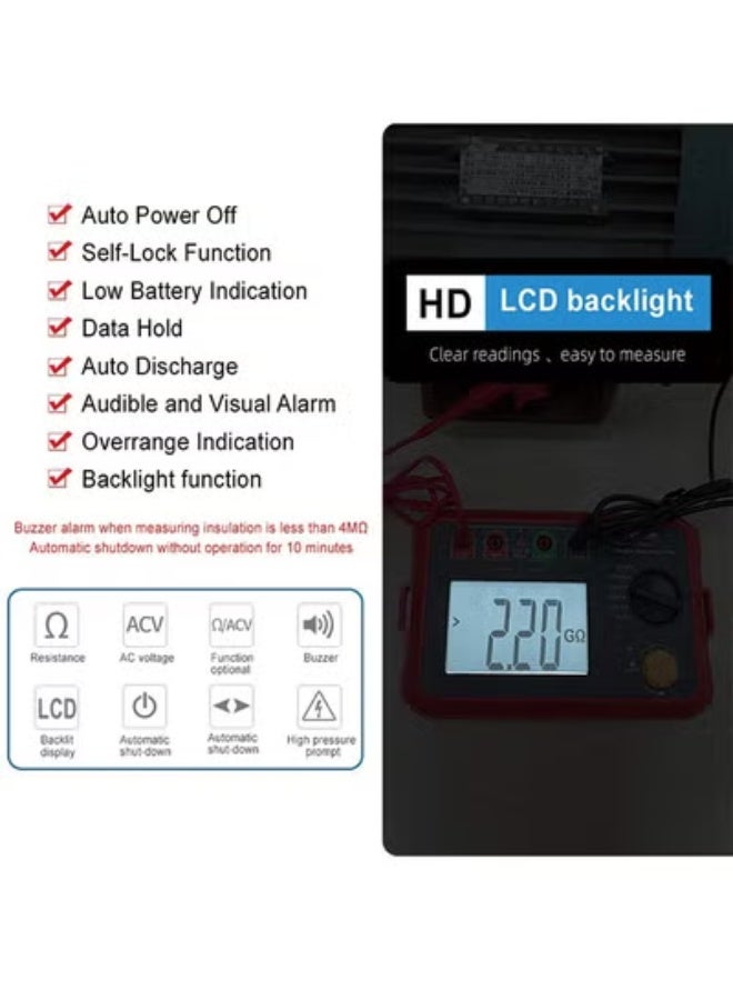 UNI-T 2500V Insulation Resistance Tester Earth Ground Resistance Voltage Tester Auto Rang Megohmmeter Backlight (UT502C) - Image 4