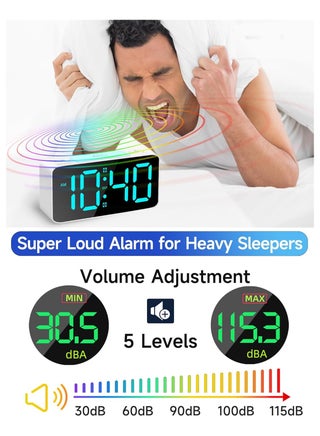 Extra Loud Alarm Clock for Adults With Deep Sleep, Digital Clock With 7-color Night Light, Adjustable Volume, Usb Charger, Small Clock for Bedroom Bedside, Can Be Used to Wake Up Children, Teenagers, Black - view 4