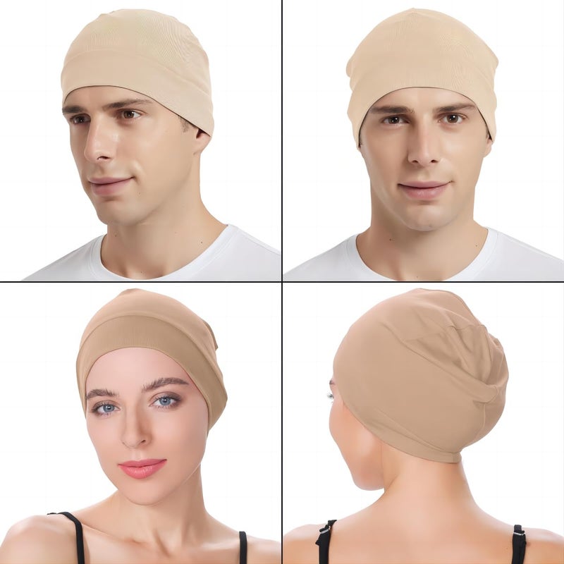 Headshion Cotton Skull Caps for Men Women,2-Pack Lightweight Beanie Sleep Hats Breathable Helmet Liner Tan,Beige - Image 3