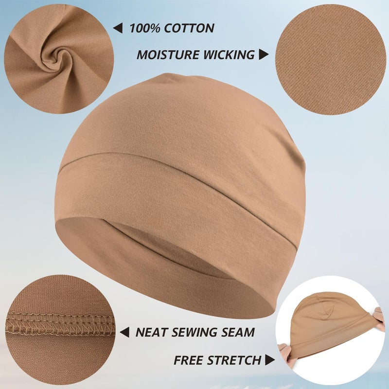 Headshion Cotton Skull Caps for Men Women,2-Pack Lightweight Beanie Sleep Hats Breathable Helmet Liner Tan,Beige - Image 2