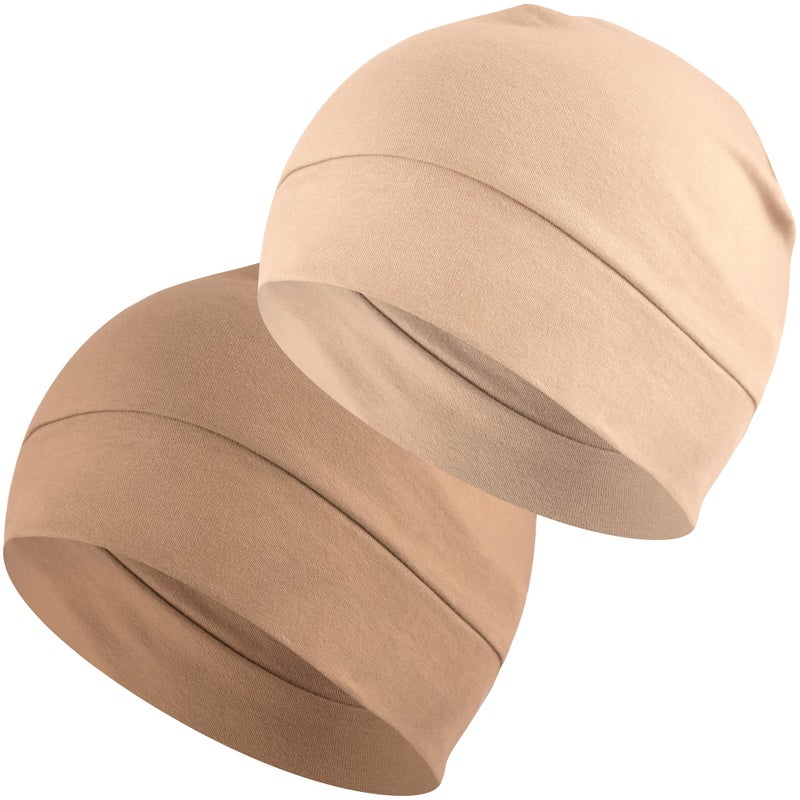 Headshion Cotton Skull Caps for Men Women,2-Pack Lightweight Beanie Sleep Hats Breathable Helmet Liner Tan,Beige - Image 1