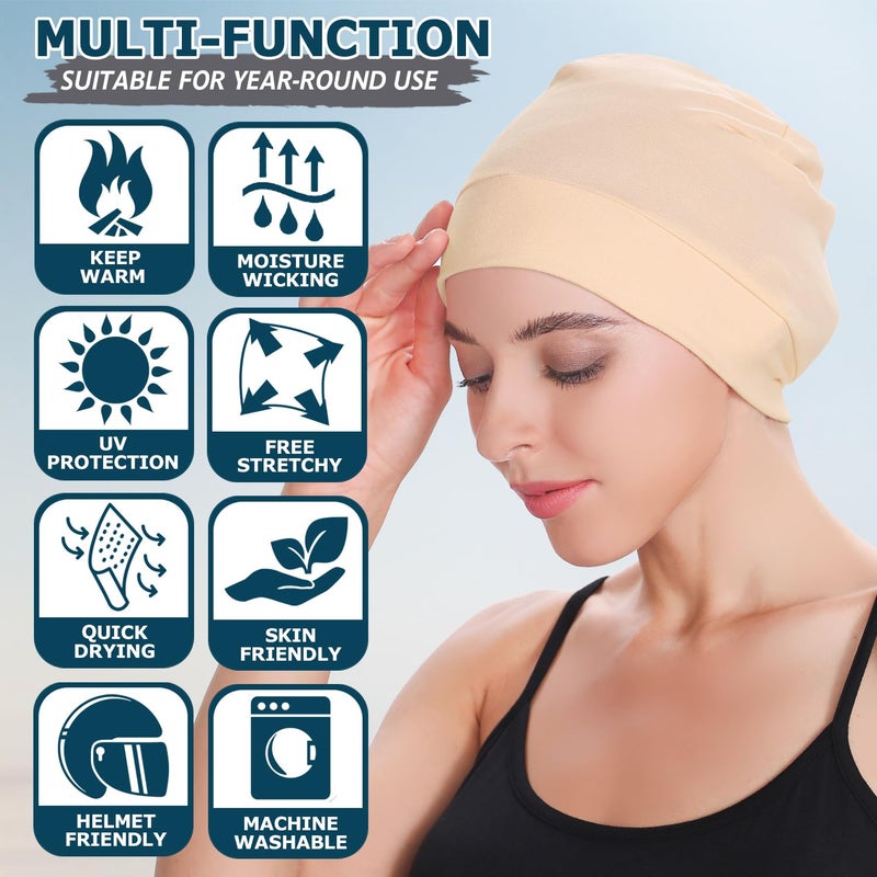 Headshion Cotton Skull Caps for Men Women,2-Pack Lightweight Beanie Sleep Hats Breathable Helmet Liner Tan,Beige - Image 4