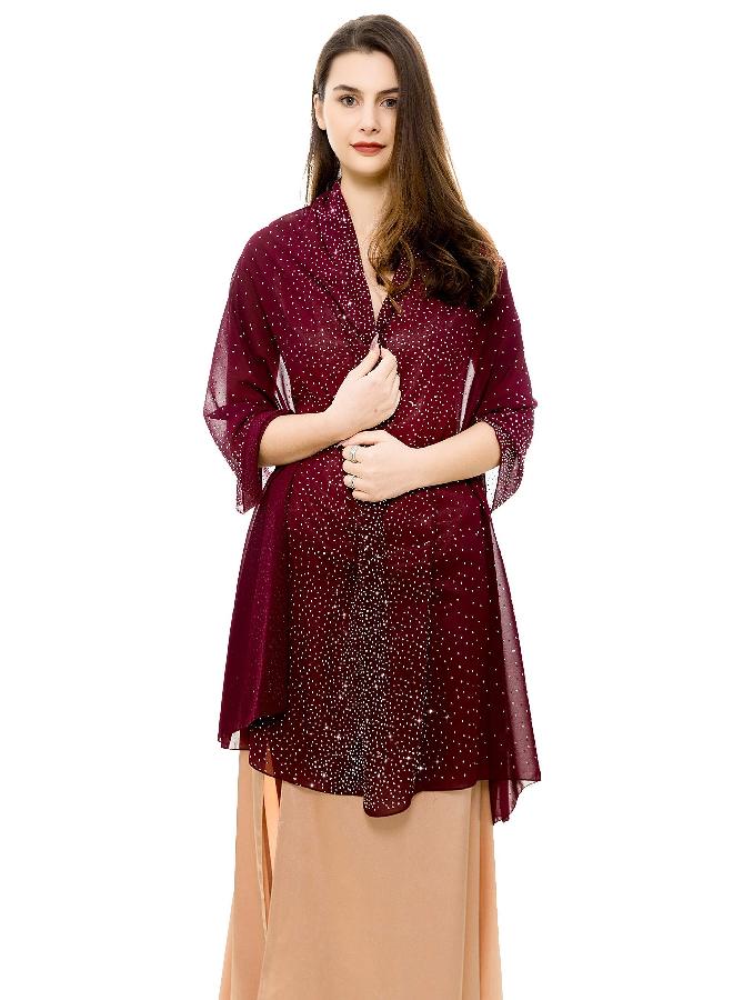 REEMONDE Womens Pashmina Shawls and Wraps for Evening Dresses Chiffon Bridal Shawl for Wedding Dressy Rhinestones Sparkly Scarf (Burgundy) - Image 1