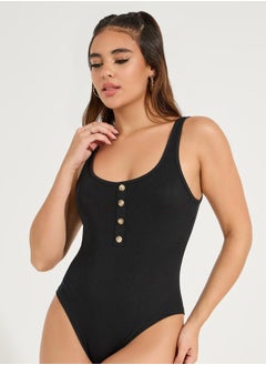 Styli Rib Tank Bodysuit with Button Detail  - Image 1
