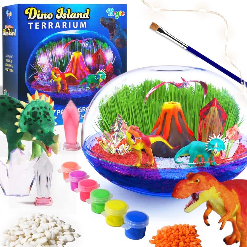 Bryte Light Up Dinosaur Terrarium Kit for Kids - Dino Habitat with Real Plants, Figurines, Volcano & LED Lights, DIY Science Kit, STEM & Arts Crafts Toys, Birthday Gifts for Boys Aged 4-12 yrs - Image 1