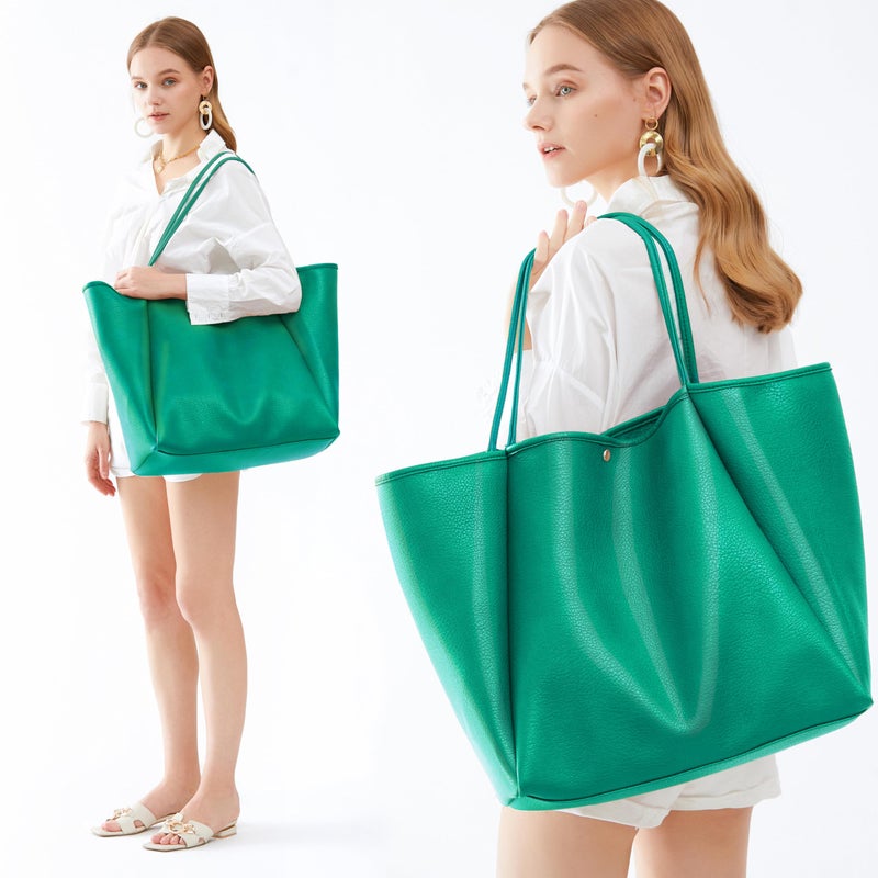 Hoxis Oversize Pu Leather Tote Women Weekender Bag Shopper Handbag Travel Purse (Ultramarine Green) - Image 2