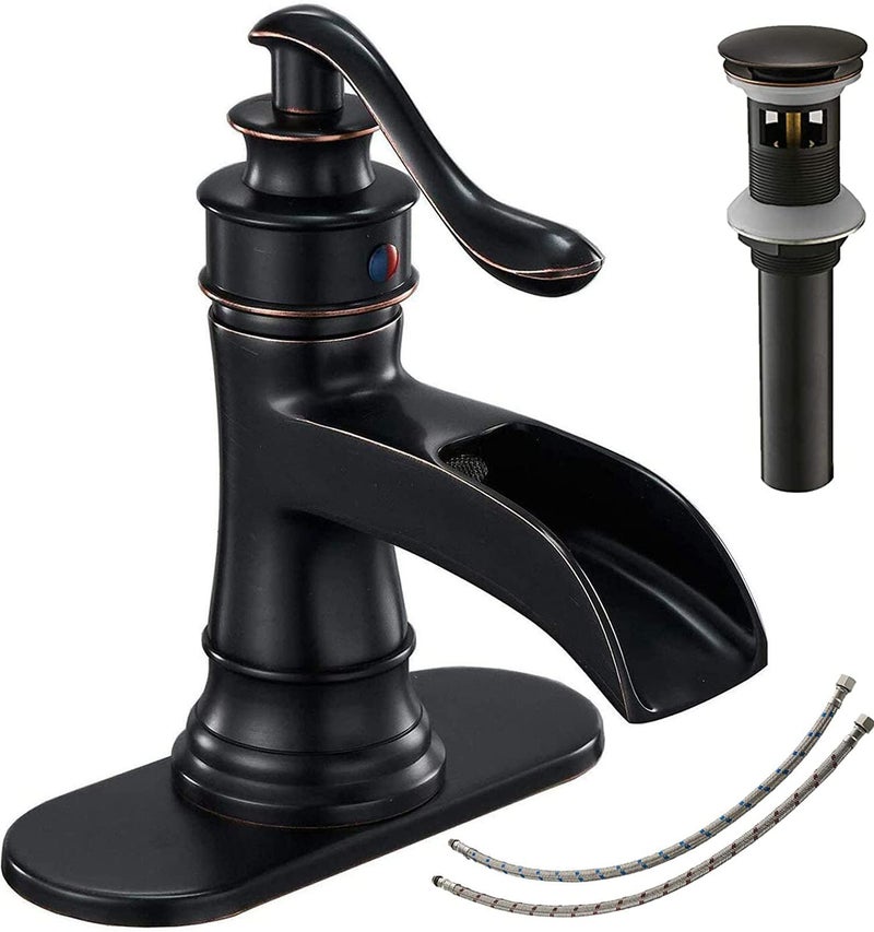 Bathroom Faucet Oil Rubbed Bronze Waterfall Sink Bath Faucets Farmhouse Spout Lavatory Vanity Deck Mount SingleHandle One Hole Matching Pop Up Drain Stopper Supply Lines Hose by Bathfinesse
