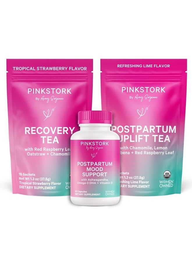 Pink Stork Postpartum Bundle: Postpartum Reset, Uplift Tea, Recovery Tea -Supports Hormones, Encourages Emotional Calm, Restores Nutrients - Image 1