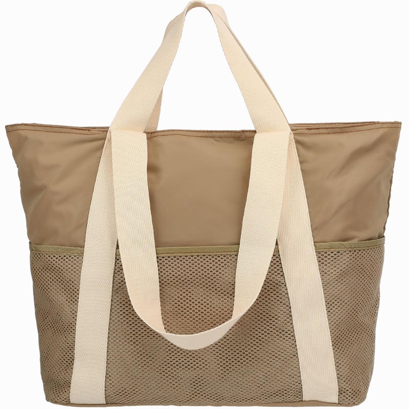 Fammart Waterproof Beach Bag for Women, Large Sandproof Gym Tote Bags with Zipper Closure & Mesh Pockets, Pool Travel Cruise & Vacation Essentials Tote, Zipper Closure & Waterproof - Khaki - Image 1