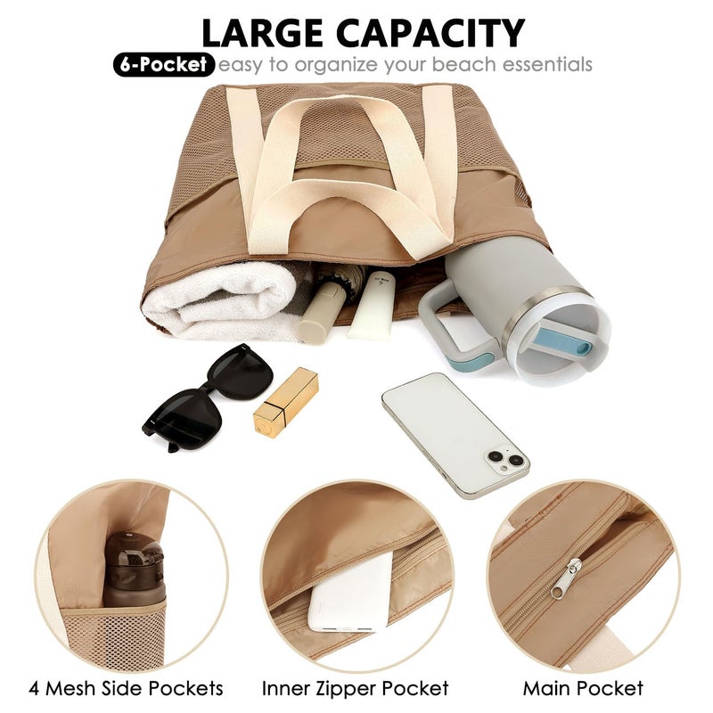 Fammart Waterproof Beach Bag for Women, Large Sandproof Gym Tote Bags with Zipper Closure & Mesh Pockets, Pool Travel Cruise & Vacation Essentials Tote, Zipper Closure & Waterproof - Khaki - Image 5