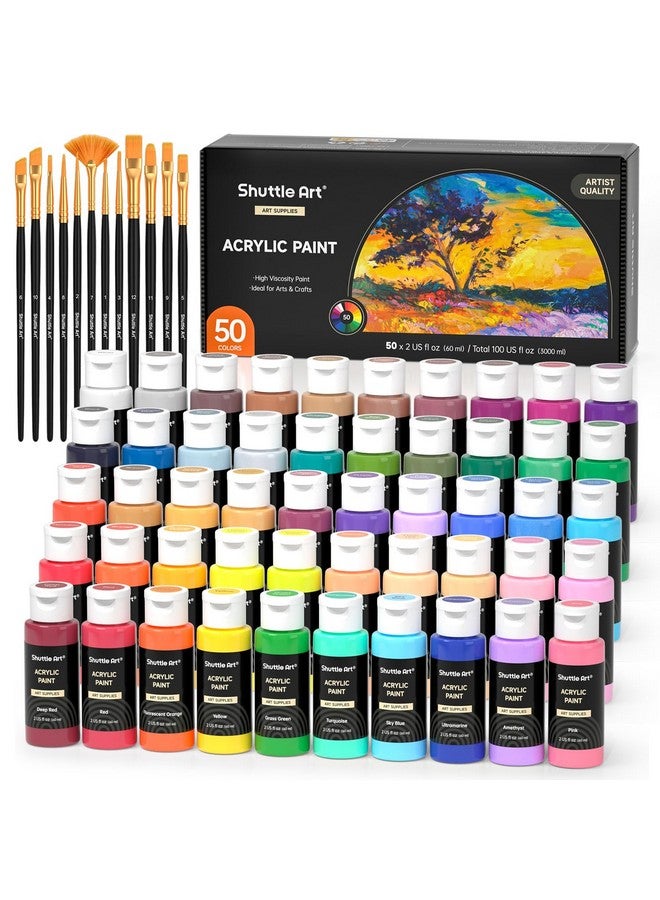 Shuttle Art Acrylic Paint 50 Colors Acrylic Paint Set 2Oz/60Ml Bottles Rich Pigments Water Proof Premium Acrylic Paints For Artists Beginners And Kids On Canvas Rocks Wood Ceramic Fabric - Image 1