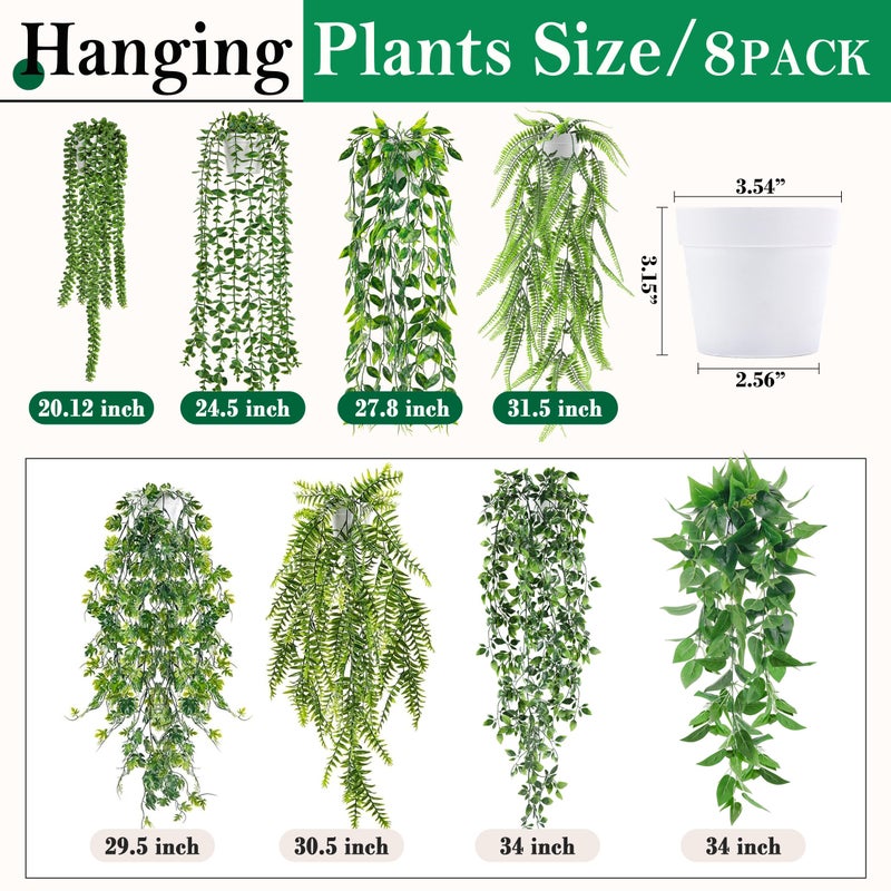 Der Rose 8Pcs Fake Plants Hanging Artificial Ivy Vine Faux Eucalyptus Hanging Plants for Home Boho Wall Shelf Indoor Outdoor Decor (White Pots) - Image 3