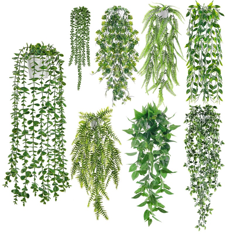 Der Rose 8Pcs Fake Plants Hanging Artificial Ivy Vine Faux Eucalyptus Hanging Plants for Home Boho Wall Shelf Indoor Outdoor Decor (White Pots) - Image 1