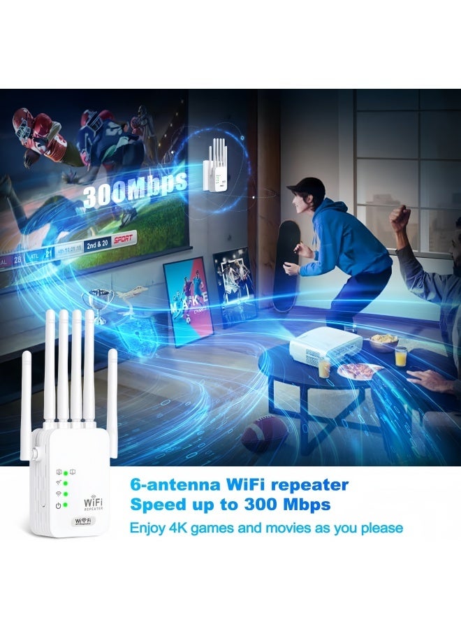 300Mbps Wireless WiFi Repeater WIth 2.4G Single Band, Wireless Network Range Extender Signal Booster Amplifier 6 Antenna Wireless WiFi Router Booster, 360° Full Coverage - White - Image 2