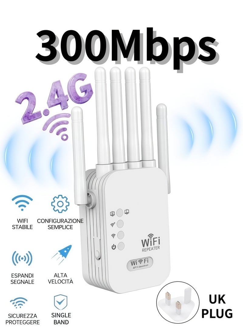300Mbps Wireless WiFi Repeater WIth 2.4G Single Band, Wireless Network Range Extender Signal Booster Amplifier 6 Antenna Wireless WiFi Router Booster, 360° Full Coverage - White - Image 1