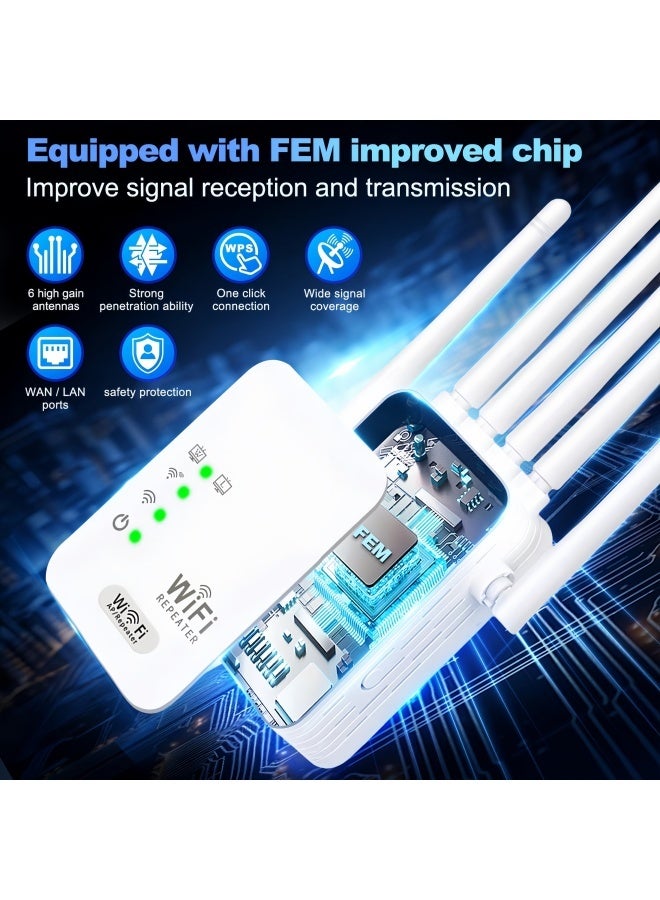 300Mbps Wireless WiFi Repeater WIth 2.4G Single Band, Wireless Network Range Extender Signal Booster Amplifier 6 Antenna Wireless WiFi Router Booster, 360° Full Coverage - White - Image 4