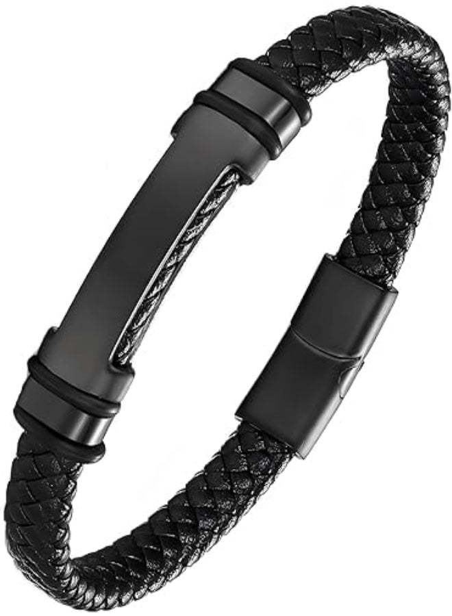 Luckam Braided Leather Bracelet for Men, Black Leather with Stainless Steel Clasp, Stylish Infinity Cuff Bracelet, Wristband Gift for Men, 21cm / 8.26 inches - Image 1