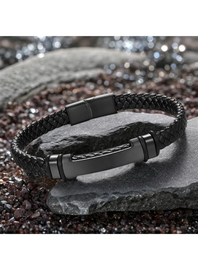 Luckam Braided Leather Bracelet for Men, Black Leather with Stainless Steel Clasp, Stylish Infinity Cuff Bracelet, Wristband Gift for Men, 21cm / 8.26 inches - Image 3