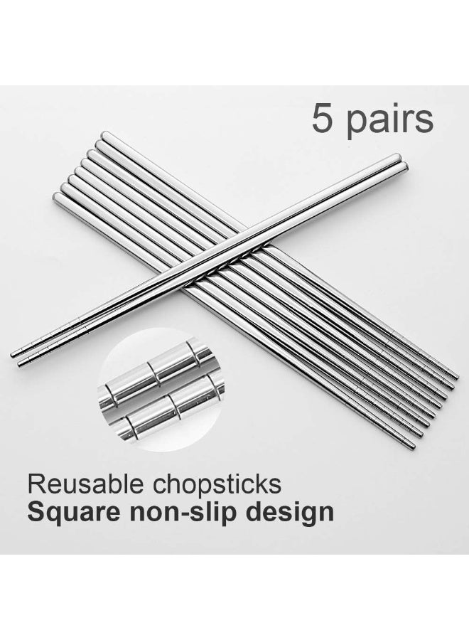 مجموعة هدايا من 5 أزواج من أعواد تناول الطعام المصنوعة من الفولاذ المقاوم للصدأ متعددة الألوان وقابلة لإعادة الاستخدام وخفيفة الوزن من المعدن 304 مربعة الشكل وخفيفة الوزن وغير قابلة للانزلاق وآمنة للاستخدام في غسالة الأطباق (فضية مجوفة) - Image 5