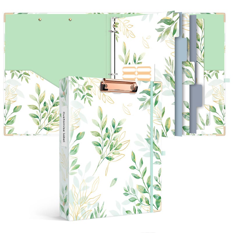 Ospelelf Binder 3 Ring 1 Inch, Green Floral Round Ring Clipboard Binder for Letter Size Paper with 5 Tab Dividers, for School and Office Supplies - Image 1