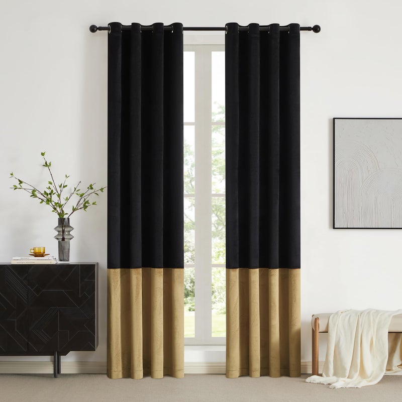 BULBUL Black Gold 100% Full Blackout Velvet Curtains 84 inches Long Modern Liner Curtains Thermal Drapes Panels for Living Room Bedroom Grommet Set of 2 - Image 4