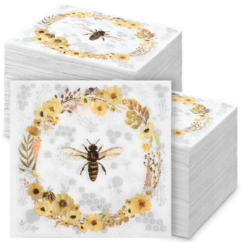 200 Pcs Bee Wildflower Wreath Napkins 2 Ply Bees Beverage Cocktail Napkins Decorative Paper Napkins for Dinner Tea Party Baby Shower Supplies 5 x 5 Inch