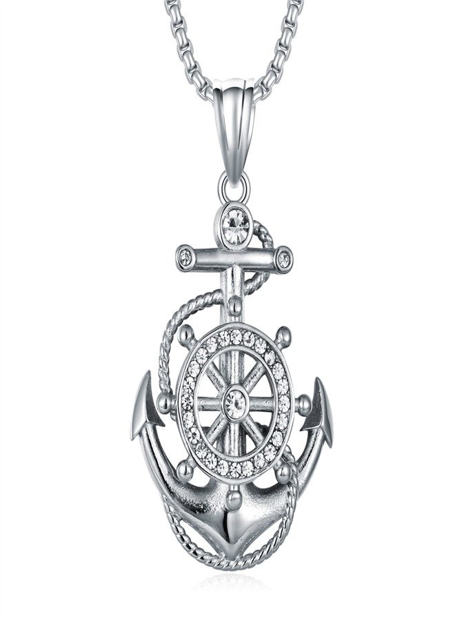 Excefore Mens Anchor Necklace Stainless Steel Nautical Anchor Pendant Vintage Navy Mooring Rope Anchor Compass Jewelry Gift for Men - Image 1