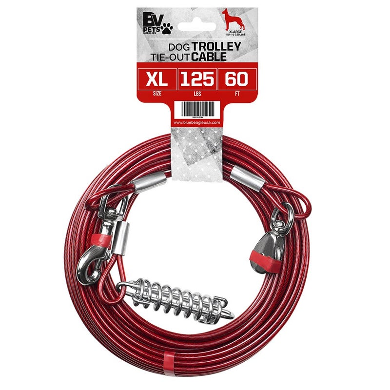 BV 60ft Aerial Pet Trolley System with 10ft Pulley Lead - Heavy Duty Dog Tie Out for Yard up to 125 lbs, Reflective Run Cable (Not a Leash, Bare End) - Image 1