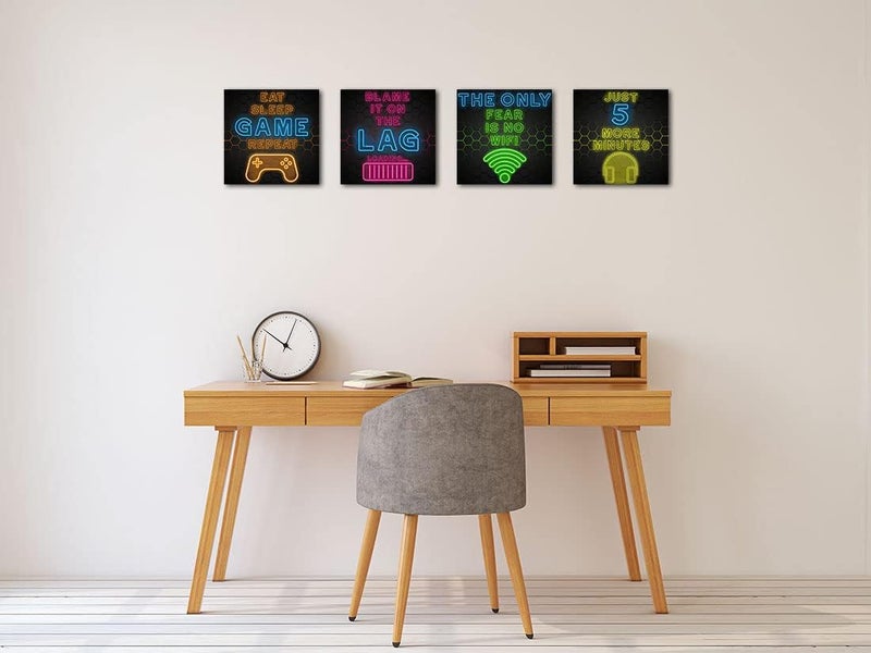 Biufo Game Quotes Canvas Wall Art Gamer Room Decor Gaming Icons Print Pictures for Teen Boys Bedroom Playroom (Black F, Small) - Image 2