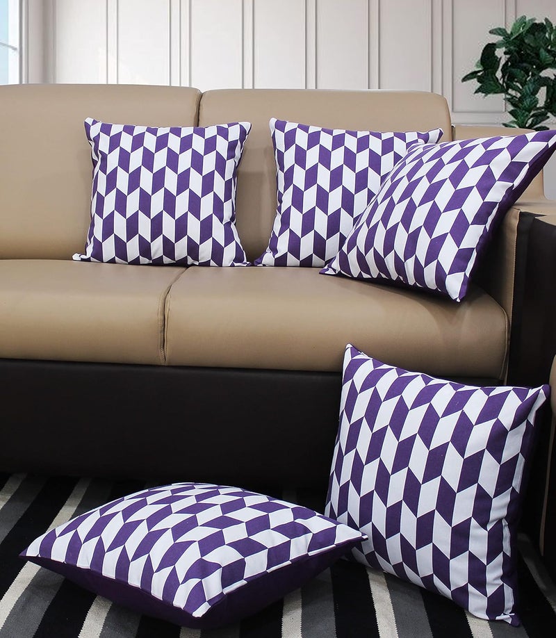 AIRWILL Cotton Classic Diamond Purple Themed Cushion Covers for Cushions Pillows Purple White Pack of 5