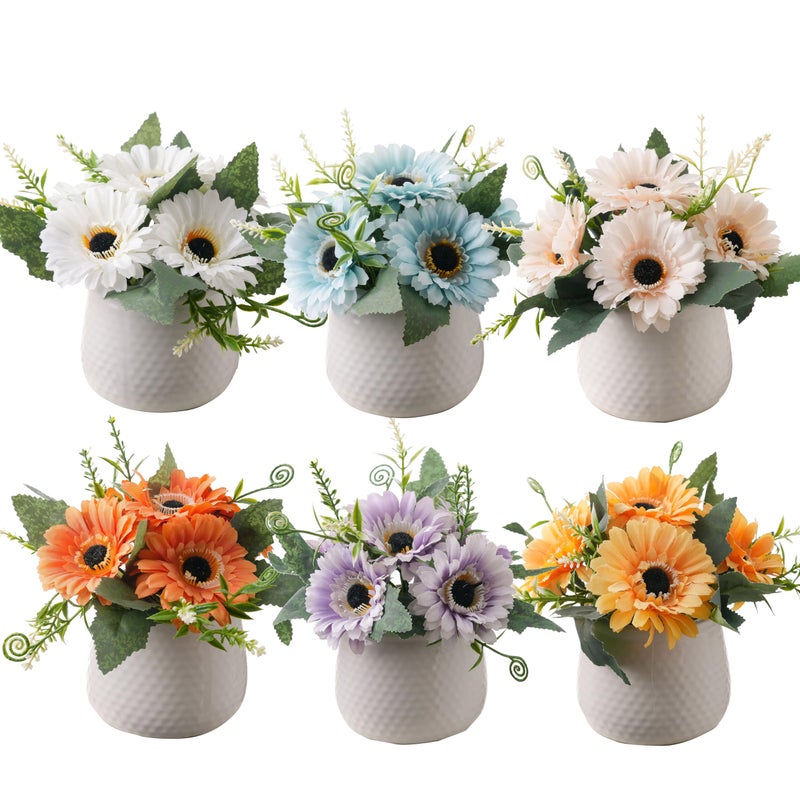 LUEUR Artificial Flowers with Ceramic Pot â€“ Farmhouse Spring Decor, 6PCS Multiâ€‘Color Fake Sunflowers in Vase, Faux Floral Arrangements for Living Room,Coffee Table, Shelf, Office - Image 1
