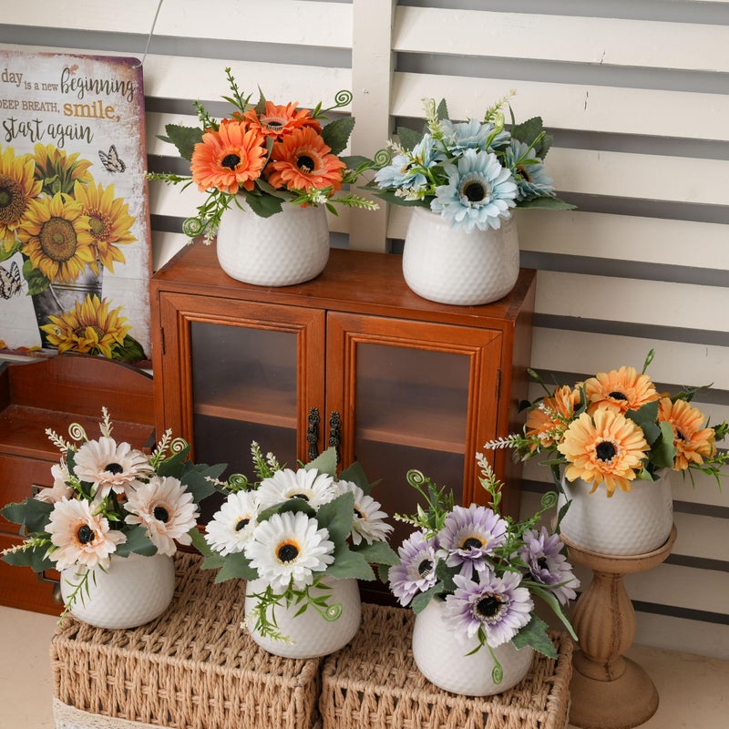 LUEUR Artificial Flowers with Ceramic Pot â€“ Farmhouse Spring Decor, 6PCS Multiâ€‘Color Fake Sunflowers in Vase, Faux Floral Arrangements for Living Room,Coffee Table, Shelf, Office - Image 2