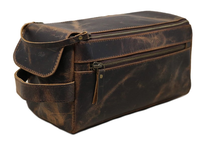 jaald Mens Genuine Leather Toiletry Bag Waterproof Shower Kit Shaving Bags And Grooming For Travel Groomsmen Gift Men Women Hanging Zippered Makeup Bathroom Cosmetic Pouch Case Make Up kit - Image 2