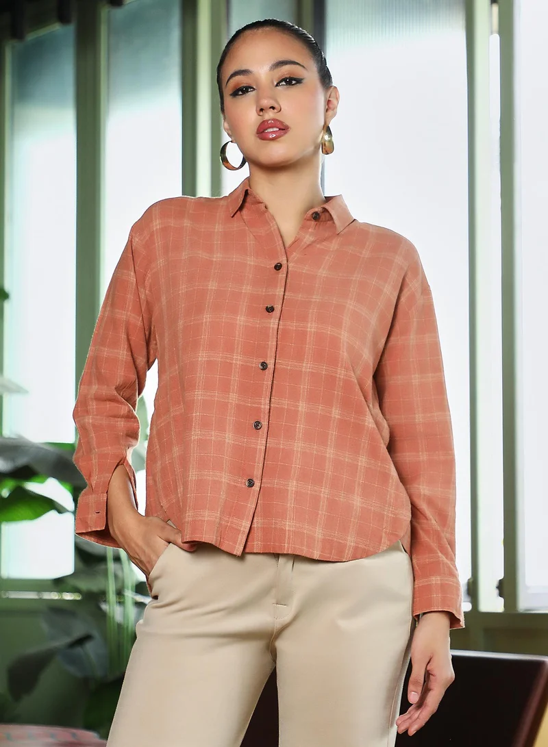 PINACOLADA  Women's Rust Orange Tartan-Plaid Curved Shirt | نساء | أكمام طويلة | مربعات | كاجوال | قميص | طوق منتشر for Women | Best Price UAE
