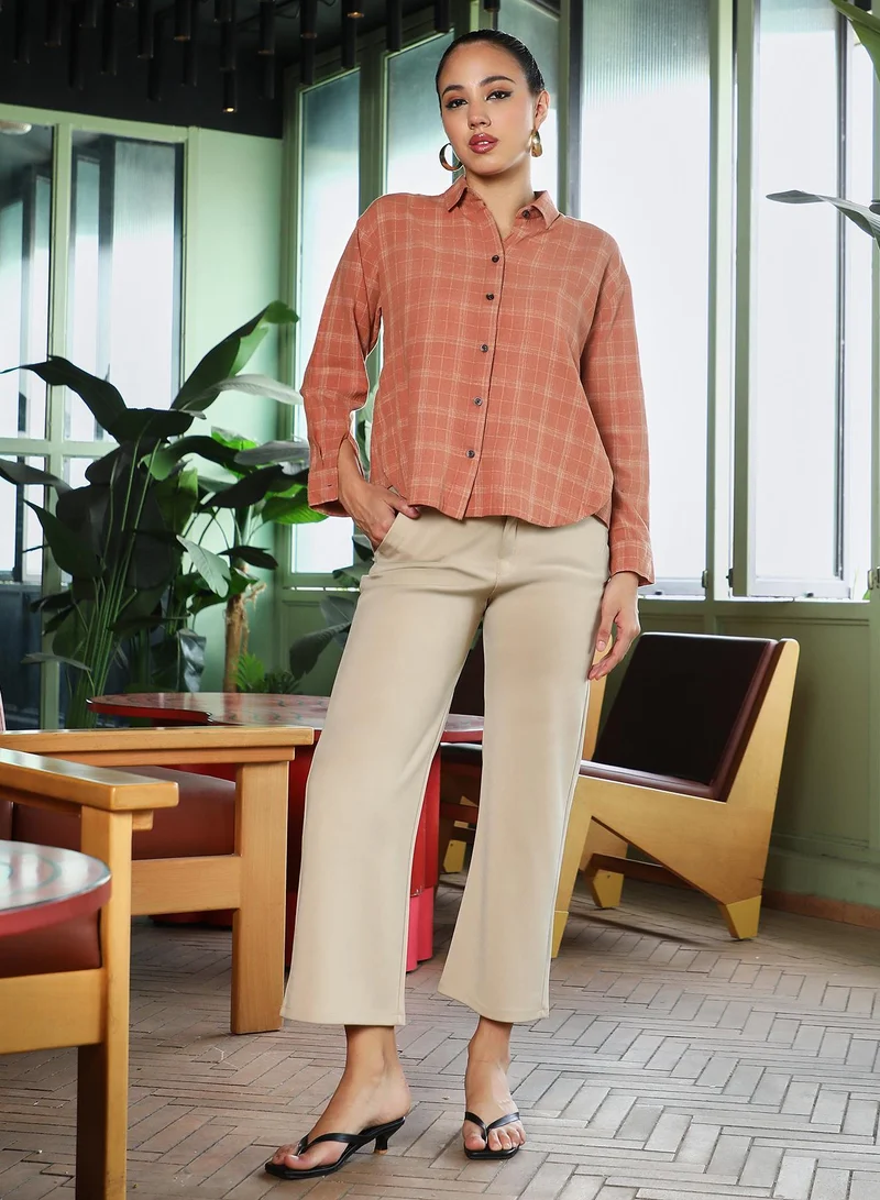 PINACOLADA  Women's Rust Orange Tartan-Plaid Curved Shirt | نساء | أكمام طويلة | مربعات | كاجوال | قميص | طوق منتشر for Women | Best Price UAE