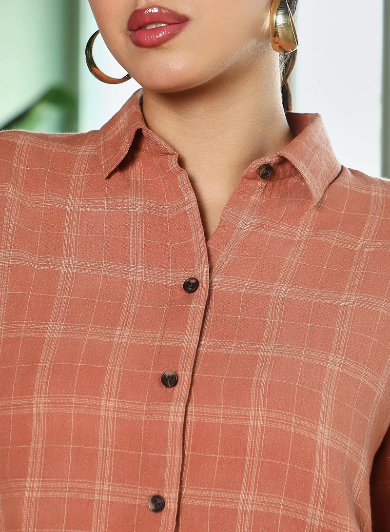 PINACOLADA  Women's Rust Orange Tartan-Plaid Curved Shirt | نساء | أكمام طويلة | مربعات | كاجوال | قميص | طوق منتشر for Women | Best Price UAE