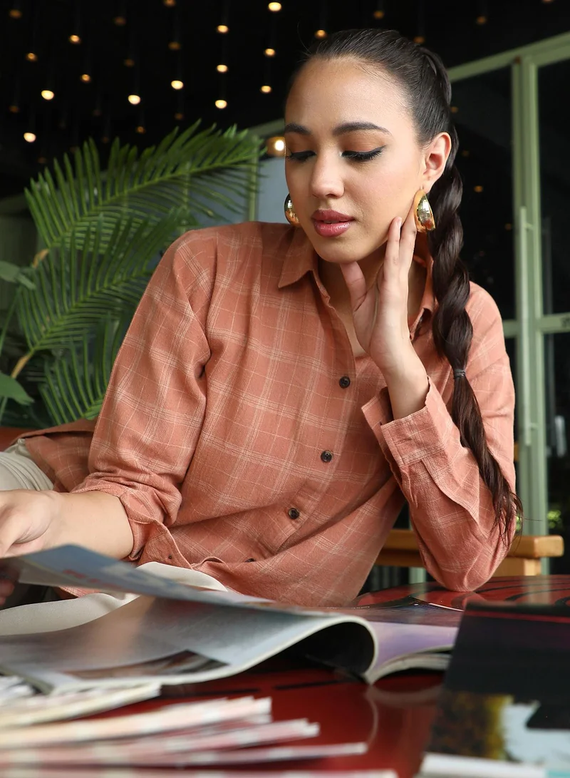 Women's Rust Orange Tartan-Plaid Curved Shirt | نساء | أكمام طويلة | مربعات | كاجوال | قميص | طوق منتشر