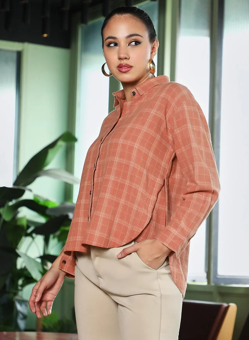 PINACOLADA  Women's Rust Orange Tartan-Plaid Curved Shirt | نساء | أكمام طويلة | مربعات | كاجوال | قميص | طوق منتشر for Women | Best Price UAE